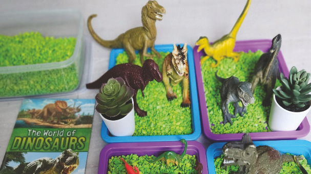 Includes 8 free books, x4 stone trays plus large and mini figurines, kaleidoscopes x4,  new flouro dinosaur figurines, white board markers with erasable dinosaur colouring in.