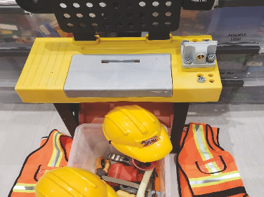 Tool Bench for 2-4 students, includes x2 hard hats, x2 kids vests, x2 adult vests, and  loads of toy tools