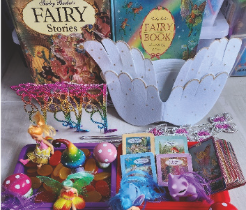 Fairies set for 4 students includes  fairies, coloured toadstools, x4  wings, x4 wands, x6 free story  books, x4 diffraction rainbow  glasses, and A$ posters.