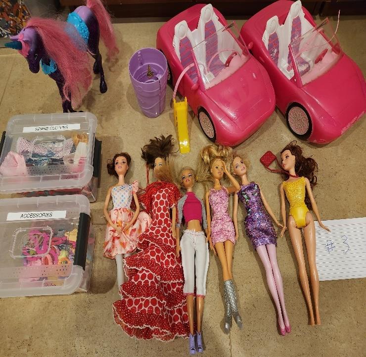 SET 3: Barbies with TWO CARS, a large unicorn